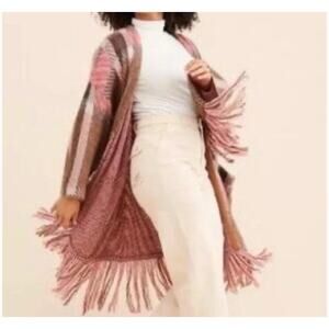 Ottod'ame Fringe Duster Cardigan M Pink Tan Mohair Sweater Boho Western Plaid